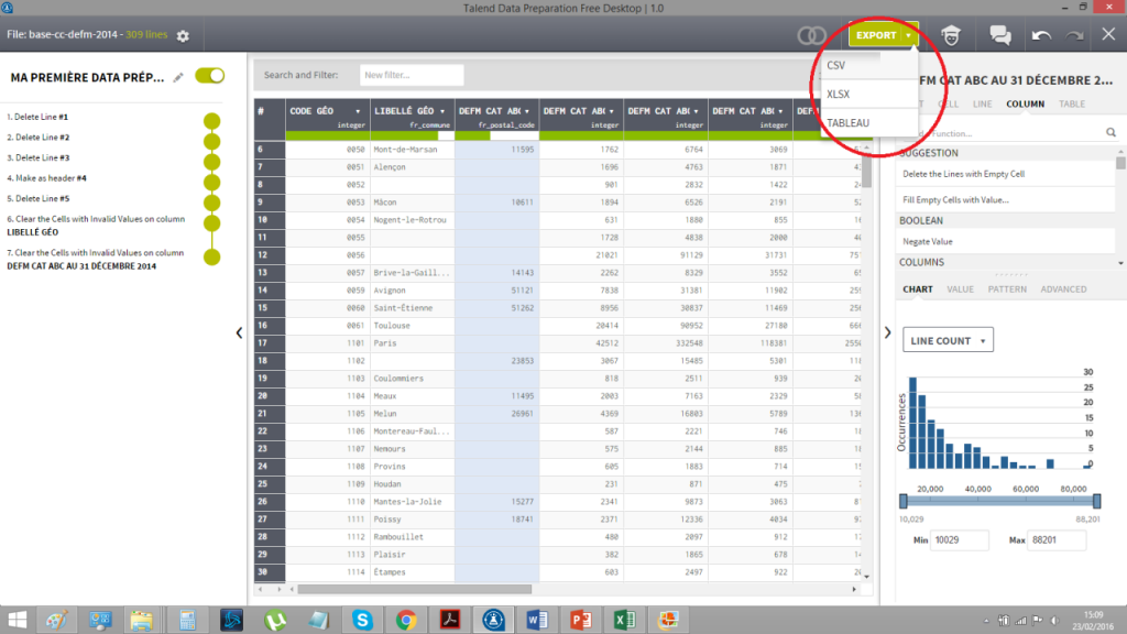 talend data prep export format