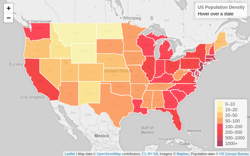 carte des éttats unis réalisée à l'aide de leaflet et open street map