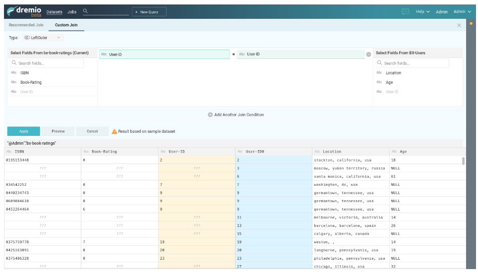 interface dremio pour effectuer une jointure