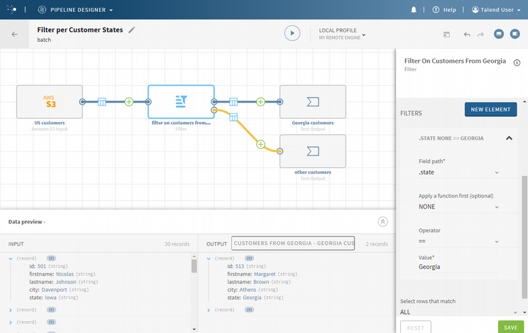 L'interface du pipeline designer de Talend