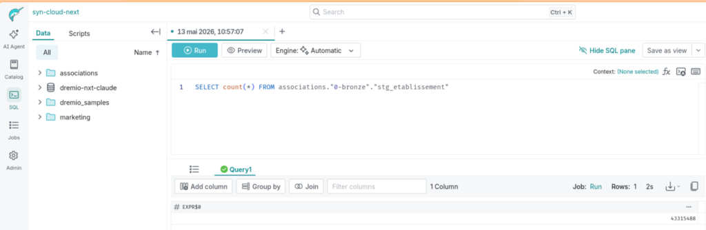 SQL editor — COUNT(*) = 43 315 488 dans la table bronze